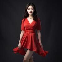 ai gegenereerd een vrouw in een rood jurk poseren in voorkant van een rood achtergrond foto