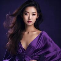 ai gegenereerd mooi Aziatisch vrouw in Purper jurk foto