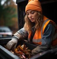 ai gegenereerd vrouw met handschoenen zetten uitschot in bak houden de milieu schoon, sociaal verantwoordelijkheid foto