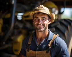 ai gegenereerd jong ingenieur vervelend een moeilijk hoed en grijnzend gelukkig, bouw en bouwkunde beeld foto