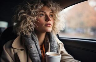 ai gegenereerd vrouw genieten van koffie terwijl het rijden in auto, openbaar vervoer stad afbeelding foto