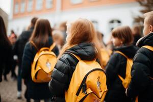 ai gegenereerd eerste dag elementair school- groep weinig kinderen schoolkinderen leerlingen studenten samen gaan college klasse les studie leren rugzakken terug visie. nieuw academisch semester jaar begin primair foto