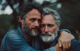 ai gegenereerd twee mannen knuffelen temidden van natuur in een park, verzoening aanvaarding foto