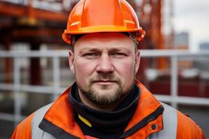 ai gegenereerd dichtbij omhoog portret echt zelfverzekerd volwassen Kaukasisch mannetje Mens vent benzine arbeider bouwer petroleum operator poseren buiten. bouw veiligheid uniform werkkleding harde hoed industrieel ingenieur foto