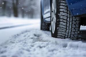 ai gegenereerd winter band gedekt in sneeuw besneeuwd weg ijs ijzig auto wiel rit veiligheid veilig het rijden vervoer staat verandering voertuig auto glad Gevaar vorst bescherming klimaat gevaarlijk van de weg af foto