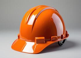 ai gegenereerd oranje moeilijk hoed gepositioneerd Aan een Doorzichtig wit oppervlak, bouw en bouwkunde beeld foto