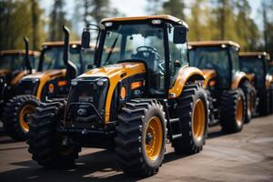 ai gegenereerd een geel zwart machines geparkeerd met een andere trekker in parkeren, bouw en bouwkunde beeld foto