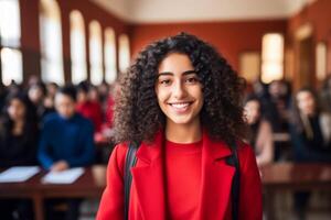 ai gegenereerd gelukkig leerling jong vrouw meisje Bij tafel zitten in klasse Universiteit hoog school- college klas gedurende les lezing onderwijs studies studie aan het leren luisteren leraar professor tiener leerling foto