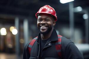 ai gegenereerd portret blij Afrikaanse Amerikaans arbeider glimlachen Mens mannetje vent professioneel zwaar industrie ingenieur uniform helm industrieel specialist staand metaal bouw vervaardiging ingenieur foto