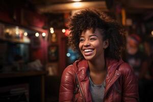 ai gegenereerd generatief ai illustratie van vrolijk Afrikaanse Amerikaans vrouw met afro haar- vervelend warm jasje uitgeven weekend avond in cafe en lachend foto