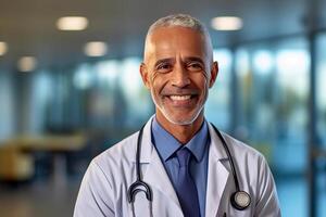 ai gegenereerd generatief ai beeld van portret van glimlachen volwassen mannetje dokter in uniform met stethoscoop Aan schouders op zoek Bij camera terwijl staand in verlichte wazig glas omringt door een muur ziekenhuis foto