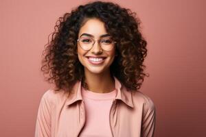 ai gegenereerd glimlachen spaans vrouw met gekruld haar- in bril foto