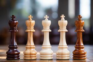 ai gegenereerd reeks van verschillend gekleurde houten koning schaak stukken geplaatst Aan oppervlakte foto