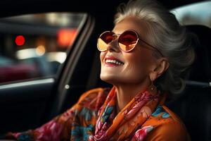 ai gegenereerd generatief ai illustratie van glimlachen ouderen grijs haren vrouw vervelend zonnebril het rijden modern auto gedurende weg reis Aan stad straat foto