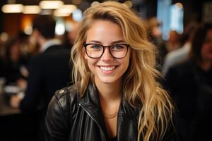 ai gegenereerd glimlachen jong vrouw in bril zittend Bij tafel in cafe foto