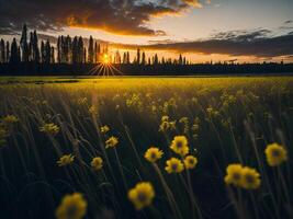 ai gegenereerd gloeiend velden van winter zacht focus zonsondergang weide met geel bloemen van de natuur omarmen. een symfonie van kleuren warm winter zonsondergang weide met abstract zacht focus natuur harmonie. foto