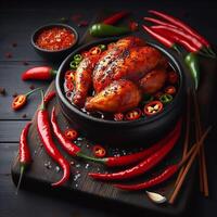 ai gegenereerd Indisch chili kip droog geserveerd in een bord over- humeurig achtergrond foto