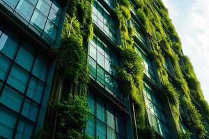 ai gegenereerd milieuvriendelijk gebouw in de modern stad. duurzame glas kantoor gebouw met boom voor verminderen koolstof dioxide. kantoor gebouw met groen omgeving. zakelijke gebouw verminderen co2. foto
