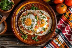 ai gegenereerd ranch-stijl ochtend- huevos rancheros Aan rustiek terracotta foto