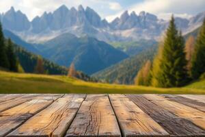 ai gegenereerd houten tafel top Aan wazig achtergrond van voorjaar kleur landschap in dolomieten - voor Scherm uw producten foto