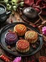 ai gegenereerd Chinese traditioneel maan cakes Bij midden herfst festival. foto