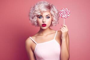 ai gegenereerd portret van een mooi meisje Holding een lolly geïsoleerd Aan een roze achtergrond. meisje pin omhoog met Open mond. blond model- Bij retro mode en wijnoogst concept. foto