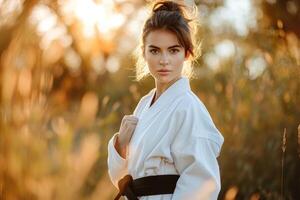 ai gegenereerd een mooi vrouw in een wit kimono en een zwart riem praktijken karate foto