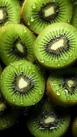 ai gegenereerd kiwi plakjes met water druppels. gezond voedsel en gezond fruit concept. foto