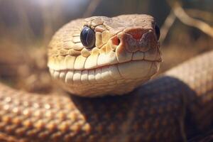 ai gegenereerd kleurrijk slang Python cobra adder Woud schuilplaats aan het wachten voor prooi regenwoud oerwoud onaangeroerd natuur roofdier giftig venijn gevaarlijk dieren in het wild giftig dier huid staart griezelig Afrikaanse foto