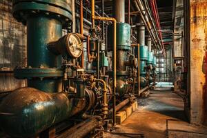 ai gegenereerd industrieel boiler interieur met veel van pijpen, pompen en kleppen. foto