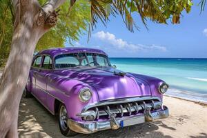 ai gegenereerd wijnoogst Purper Amerikaans auto in Cubaans kust foto