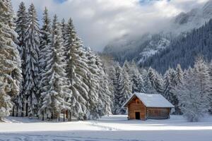 ai gegenereerd winter tafereel met een eenzaam houten huisje en besneeuwd pijnboom bomen in de bergen. foto