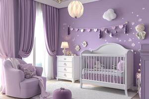 ai gegenereerd Purper baby kamer interieur met wieg foto