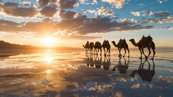 ai gegenereerd caravan van kamelen Aan de zout meer Bij zonsopkomst. foto