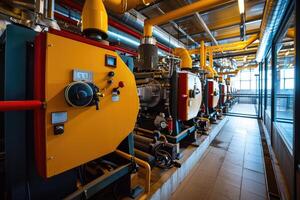 ai gegenereerd modern boiler kamer met gas- ketels, industrieel verwarming. foto