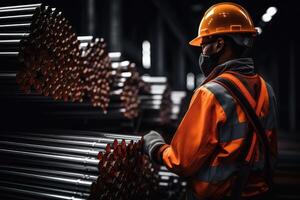 ai gegenereerd Mens in helm en veiligheid hesje in staal fabriek foto