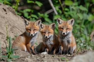 ai gegenereerd rood vos, welpen op zoek in de omgeving van in de buurt hol foto