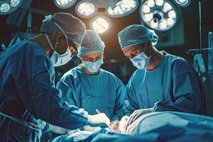 ai gegenereerd professioneel chirurgen in uniform krom over- een geduldig aan het liegen Aan in werking tafel naar uitvoeren een operatie foto