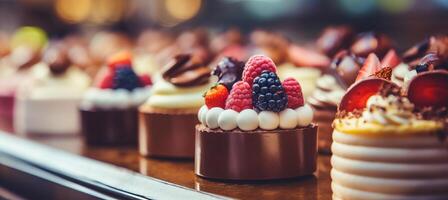 ai gegenereerd esthetisch wazig bokeh achtergrond met fijnproever desserts en koffie drankjes in een elegant patisserie foto