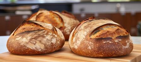 ai gegenereerd heerlijk eigengemaakt zuurdesem brood voedsel fotografie recept idee met rustiek ambachtelijk brood foto