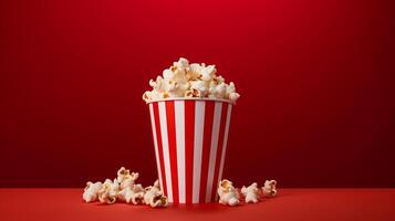 ai gegenereerd gestreept popcorn doos Aan rood helling achtergrond met uitgebreid negatief ruimte voor ontwerp veelzijdigheid foto