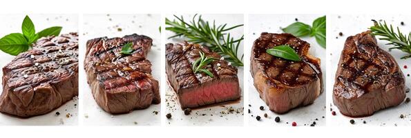 ai gegenereerd weelderig steak selectie elegant verdeeld door wit lijnen, verlichte door stralend wit licht foto