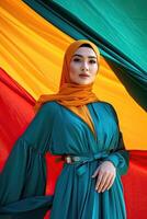ai gegenereerd modern kleurrijk elegant kleding van moslim vrouw met hijab foto