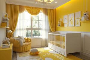 ai gegenereerd geel baby slaapkamer met kinderbed foto