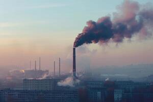 ai gegenereerd rook van de fabriek schoorsteen. milieu vervuiling. lucht uitstoot vervuilend de stad. foto