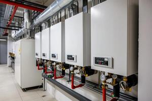 ai gegenereerd modern boiler kamer met gas- ketels, industrieel verwarming. foto