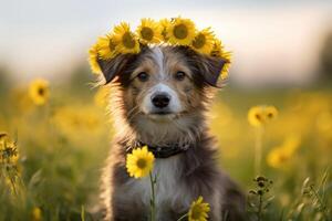 ai gegenereerd schattig hond met een krans van paardebloemen Aan zijn hoofd in een weide foto