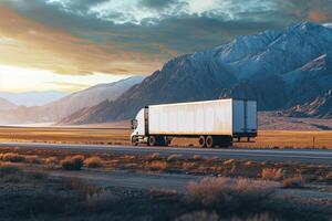 ai gegenereerd lading vrachtauto in beweging met een wit leeg aanhangwagen Aan een snelweg weg in de Verenigde staten. foto