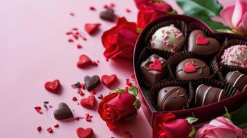 ai gegenereerd hart vormig doos van chocola pralines met rood rozen voor Valentijnsdag dag geïsoleerd Aan roze met kopiëren ruimte. foto