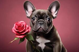 ai gegenereerd schattig hond Holding een rood roos net zo een Valentijnsdag dag geschenk foto